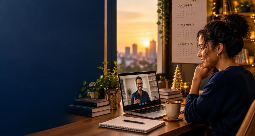 Aluna em aula de inglês online ao vivo em casa, com calendário de fim de ano na parede
