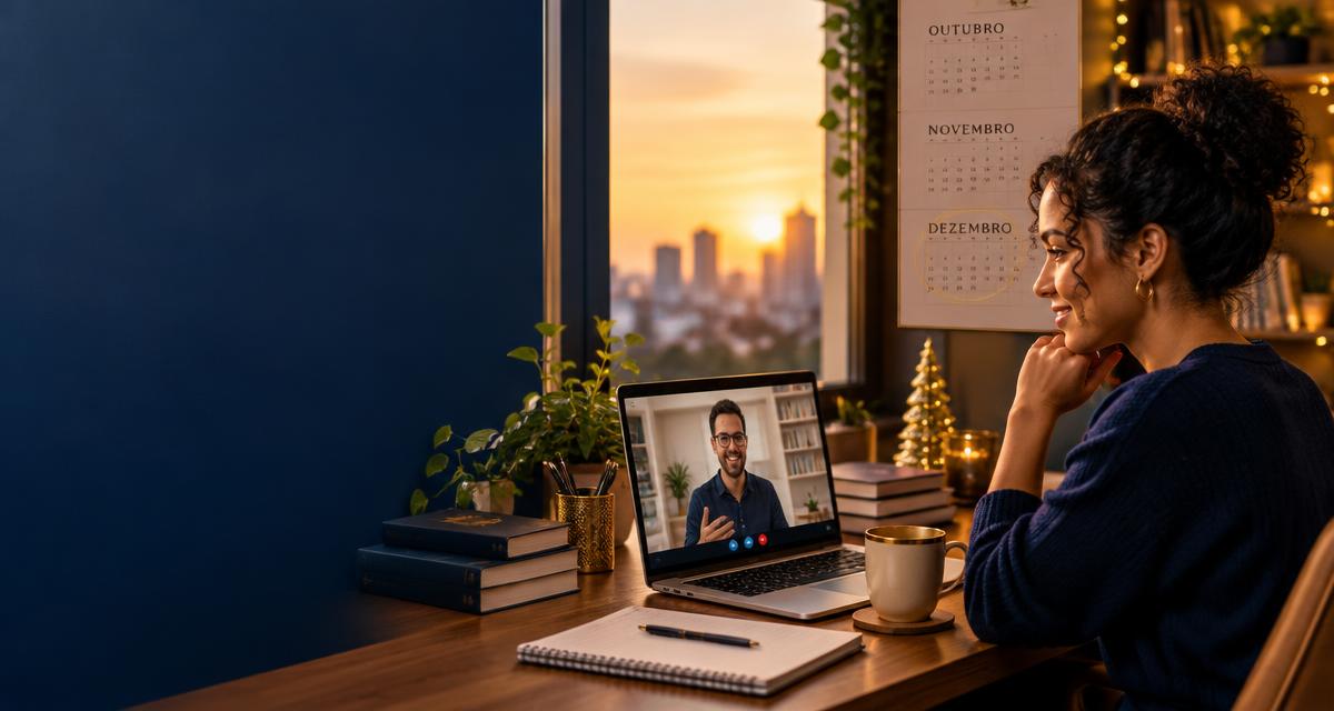Aluna em aula de inglês online ao vivo em casa, com calendário de fim de ano na parede