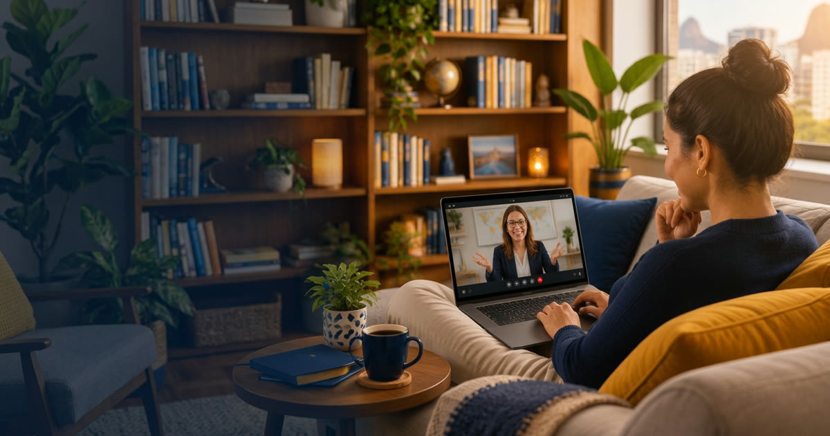 Aluna em aula de ingles online ao vivo pelo notebook, sentada no sofa de casa