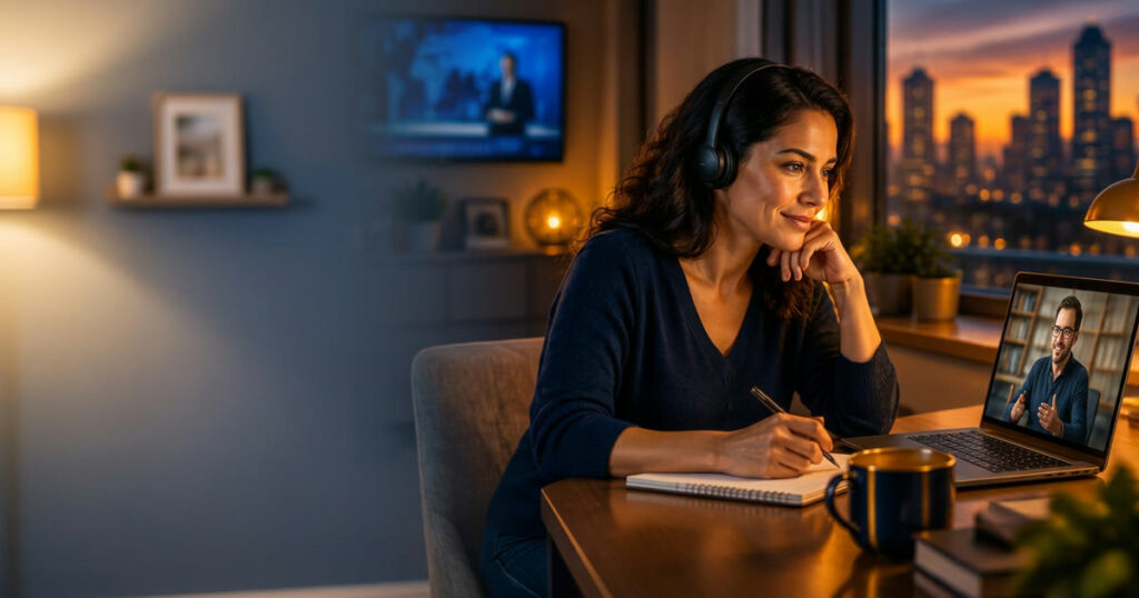 Aluna de fones participa de uma aula de inglês online em casa, com um professor na tela do notebook.